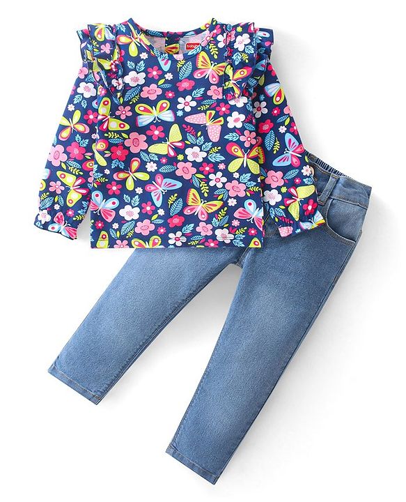 Babyhug Cotton Knit Full Sleeves Frill Detailed Floral Printed Top & Denim Jeans Set - Navy