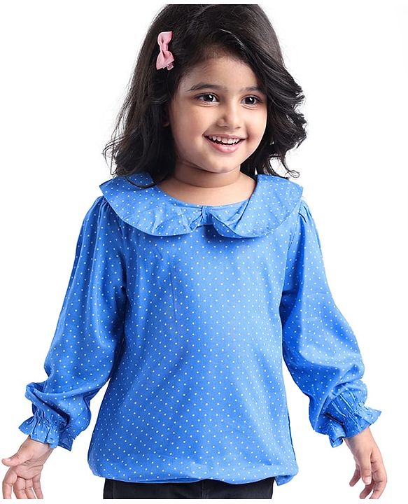 Babyhug Rayon Woven Full Sleeves Polka Dot Printed Top With Peter Pan Collar - Blue