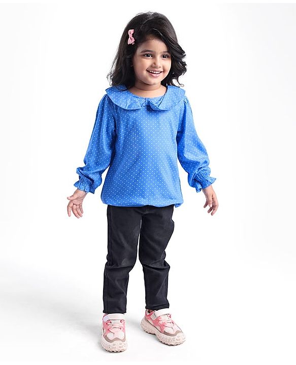 Babyhug Rayon Woven Full Sleeves Polka Dot Printed Top With Peter Pan Collar - Blue