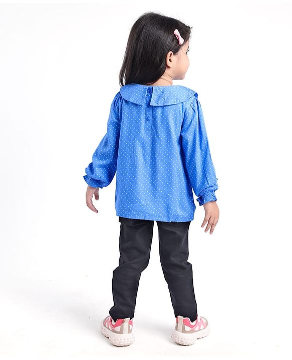 Babyhug Rayon Woven Full Sleeves Polka Dot Printed Top With Peter Pan Collar - Blue