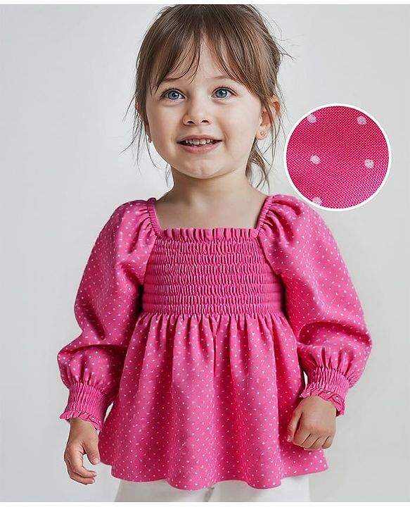 Babyhug Rayon Woven Full Sleeves Top with Polka Dot Print & Smocked Detailing - Dark Pink
