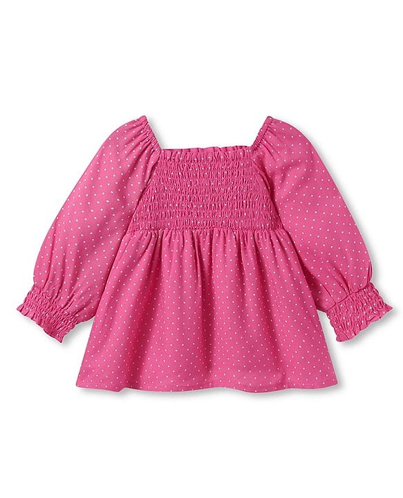 Babyhug Rayon Woven Full Sleeves Top with Polka Dot Print & Smocked Detailing - Dark Pink