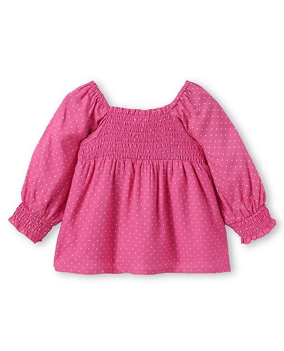 Babyhug Rayon Woven Full Sleeves Top with Polka Dot Print & Smocked Detailing - Dark Pink