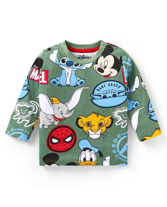Babyhug Disney Single Jersey Knit Full Sleeves Night Suit With Disney Characters Print - Green