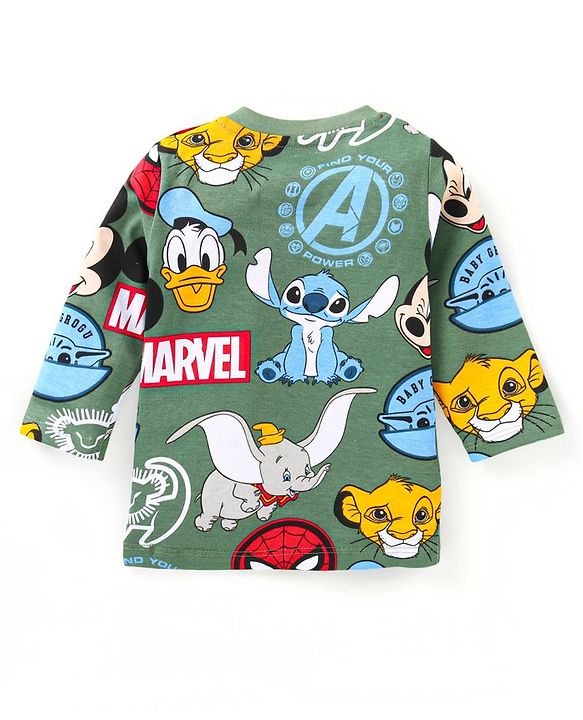 Babyhug Disney Single Jersey Knit Full Sleeves Night Suit With Disney Characters Print - Green