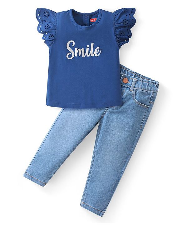Babyhug Cotton Knit Flutter Sleeves Text Printed Top & Denim Jeans Set -Navy