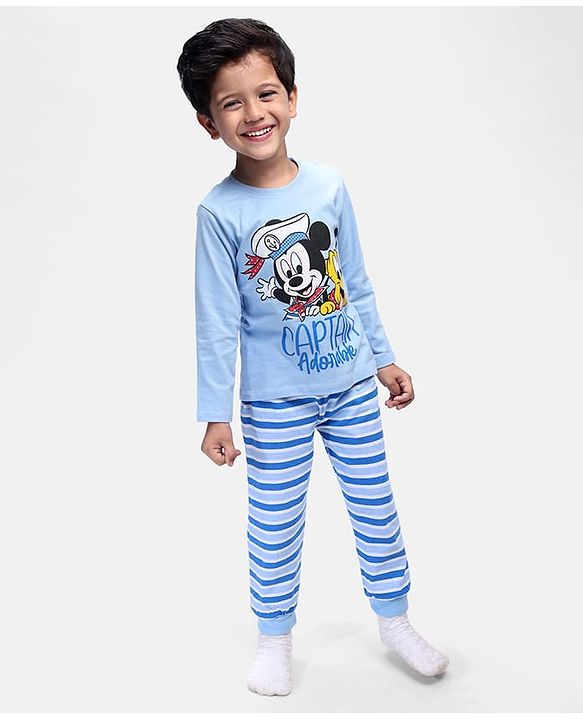 Babyhug Disney Single Jersey Knit Full Sleeves Night Suit With Mickey Mouse Graphics - Light Blue