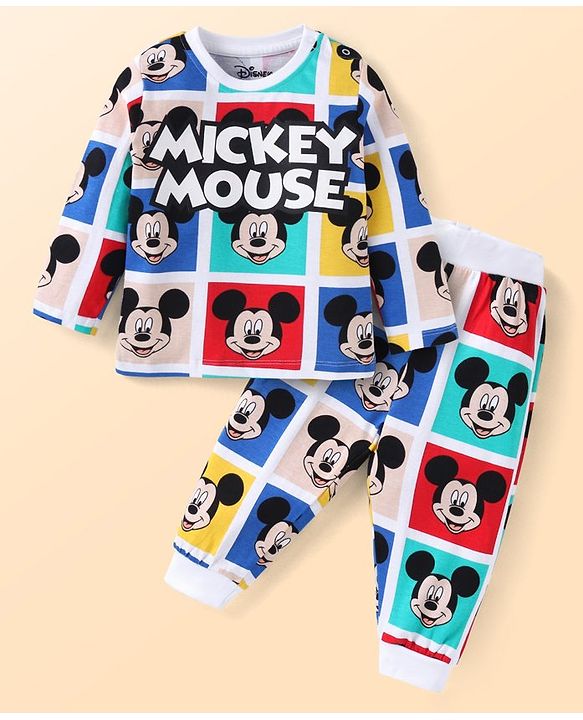 Babyhug Disney Single Jersey Knit Full Sleeves Night Suit with Mickey Mouse Graphics- Red Blue & Yellow