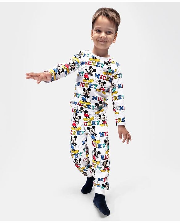 Babyhug Disney Cotton Knit  Full Sleeves Night Suit With Mickey Mouse Print - White