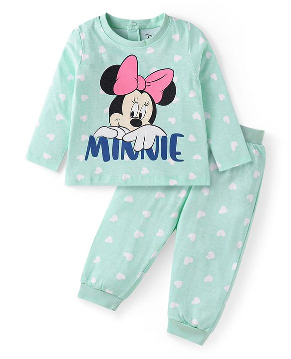 Babyhug Disney Cotton Knit Full Sleeves Night Suit With Minnie Mouse Graphics - Sea Green