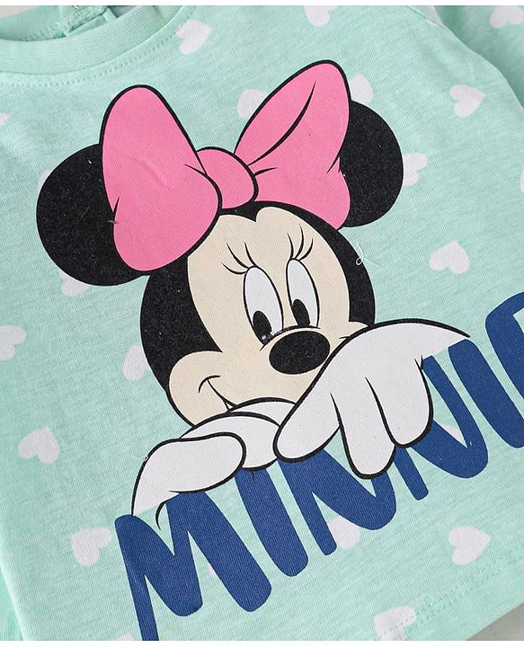Babyhug Disney Cotton Knit Full Sleeves Night Suit With Minnie Mouse Graphics - Sea Green