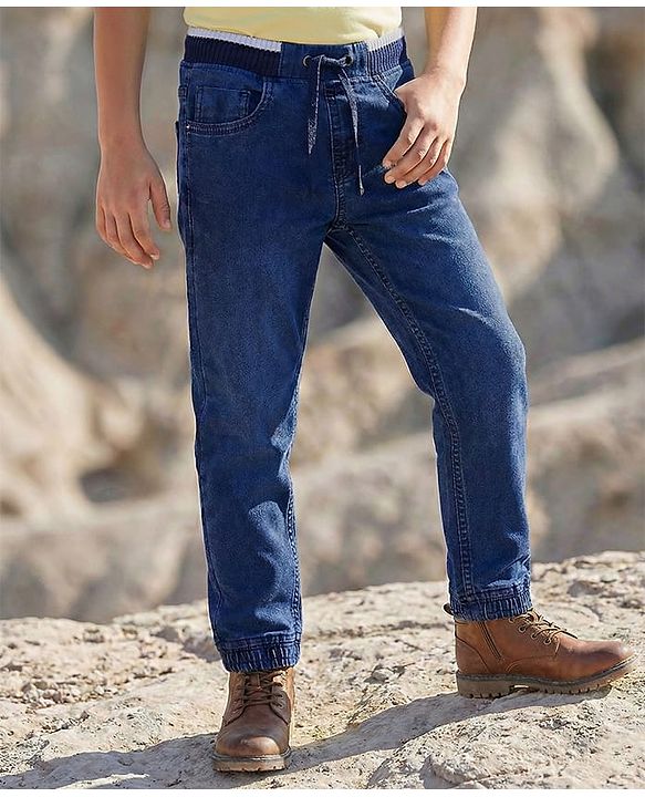 Pine Kids Denim Woven Full Length Ribbed Waist Washed Jeans - Dark Blue