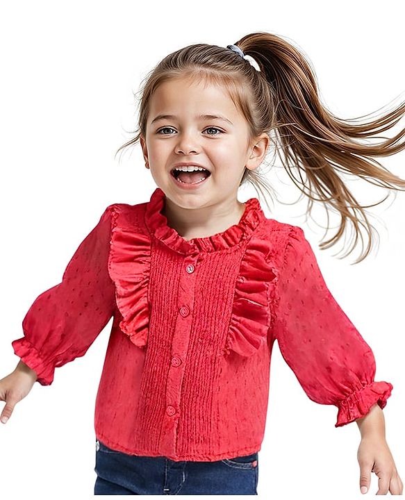 Babyhug Woven Full Peasant Sleeves Swiss dobby Top With Frill  - Red