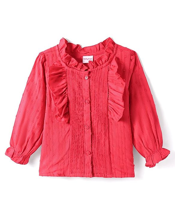 Babyhug Woven Full Peasant Sleeves Swiss dobby Top With Frill  - Red