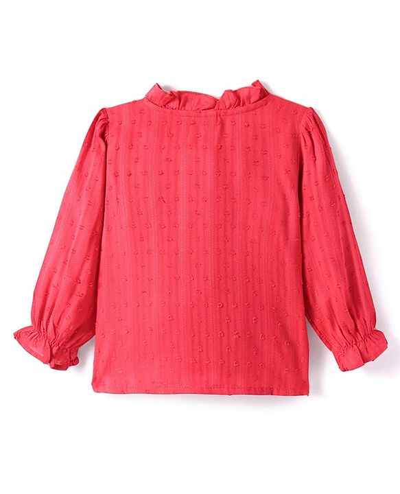 Babyhug Woven Full Peasant Sleeves Swiss dobby Top With Frill  - Red