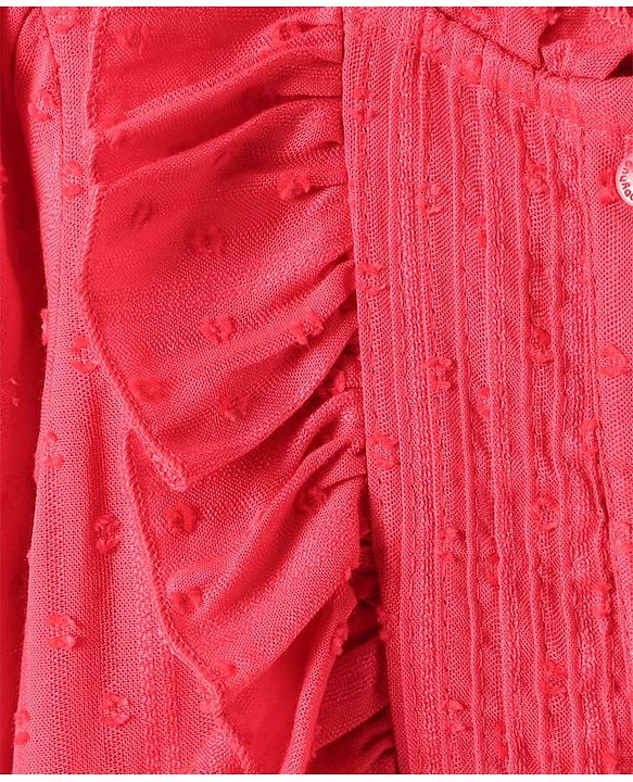 Babyhug Woven Full Peasant Sleeves Swiss dobby Top With Frill  - Red
