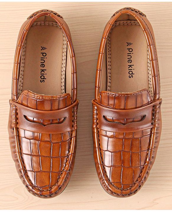 Pine Kids Slip On Party Wear Loafers with Crocodile Texture Design - Tan