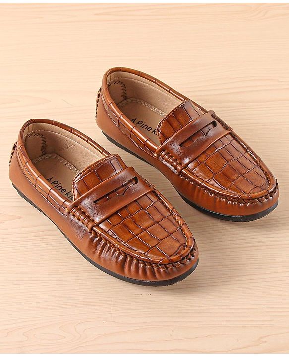 Pine Kids Slip On Party Wear Loafers with Crocodile Texture Design - Tan