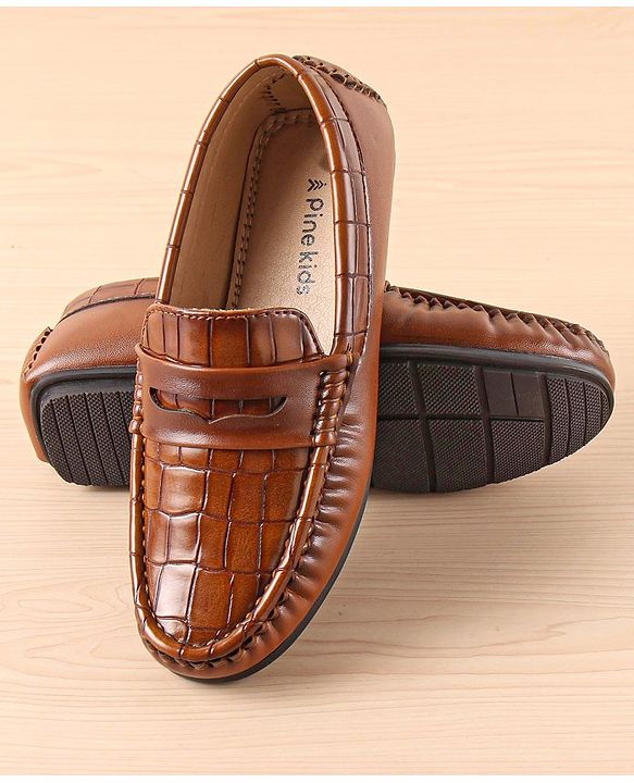 Pine Kids Slip On Party Wear Loafers with Crocodile Texture Design - Tan