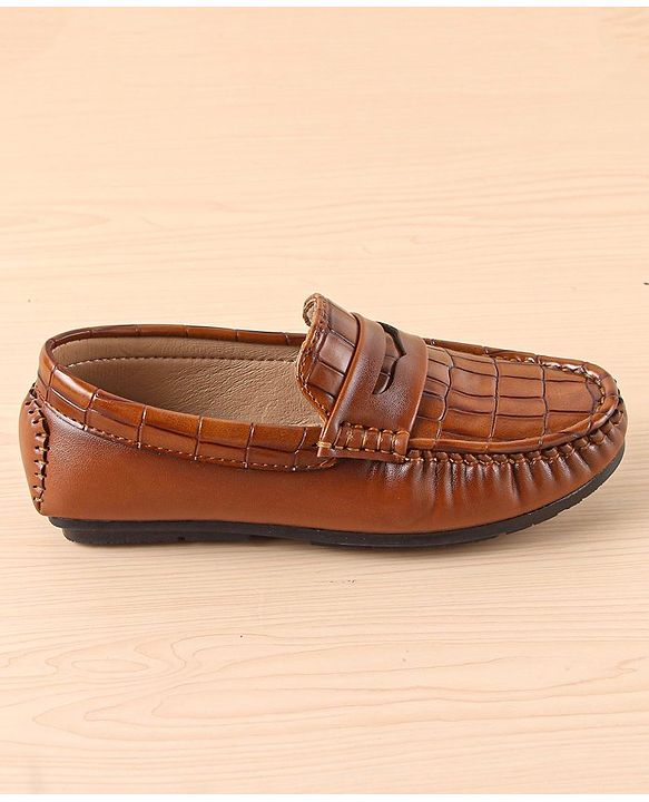 Pine Kids Slip On Party Wear Loafers with Crocodile Texture Design - Tan
