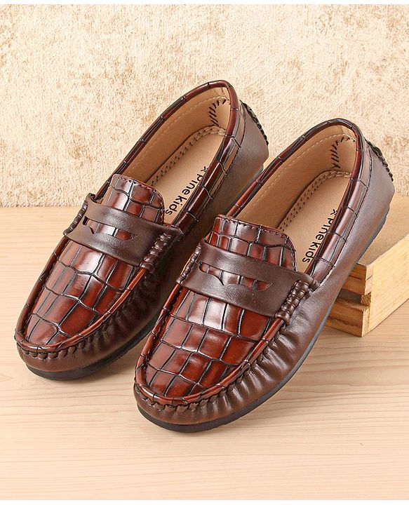 Pine Kids Slip On Party Wear Loafers with Crocodile Texture Design - Brown