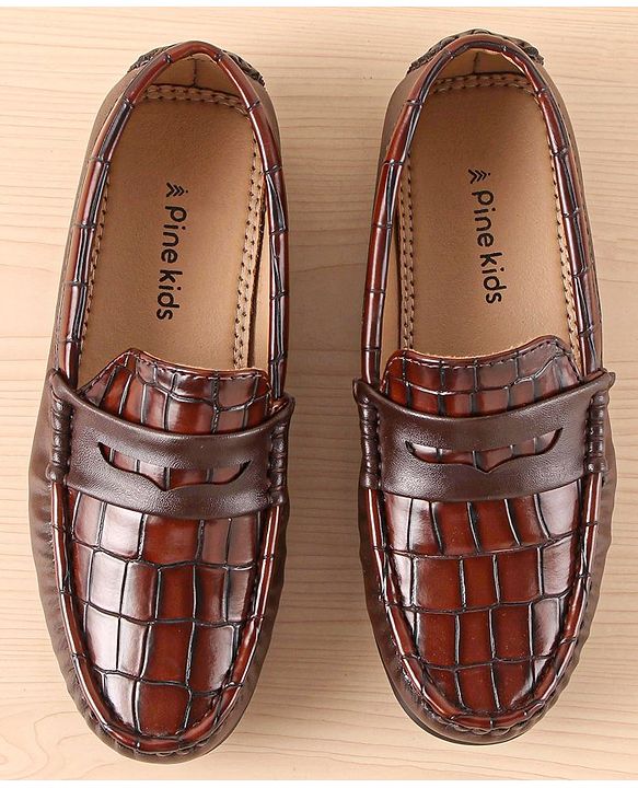 Pine Kids Slip On Party Wear Loafers with Crocodile Texture Design - Brown