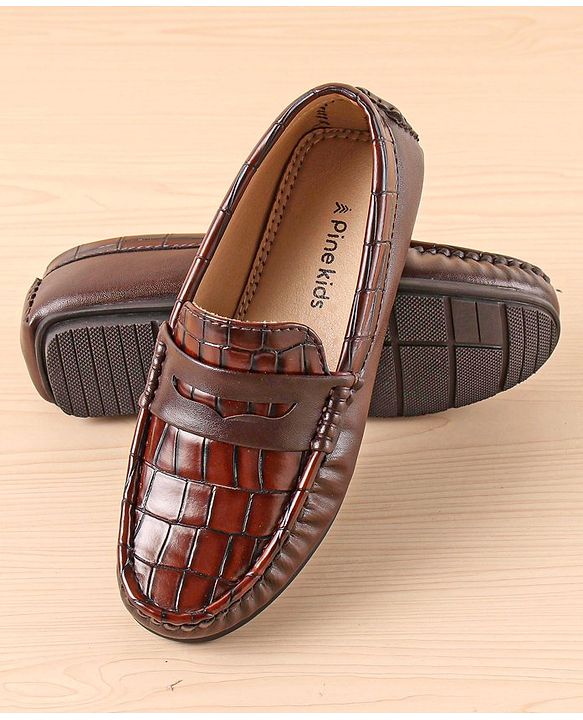 Pine Kids Slip On Party Wear Loafers with Crocodile Texture Design - Brown