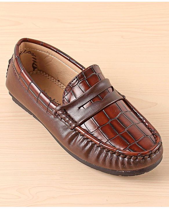 Pine Kids Slip On Party Wear Loafers with Crocodile Texture Design - Brown