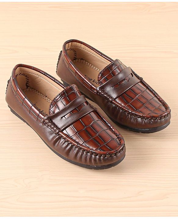Pine Kids Slip On Party Wear Loafers with Crocodile Texture Design - Brown