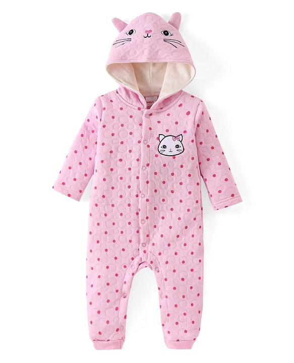 Babyhug Winter Polyfill Hooded Romper with Booties Kitten & Polka Dots Print - Pink