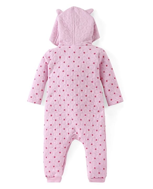Babyhug Winter Polyfill Hooded Romper with Booties Kitten & Polka Dots Print - Pink