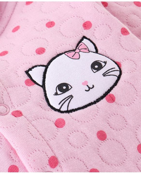 Babyhug Winter Polyfill Hooded Romper with Booties Kitten & Polka Dots Print - Pink