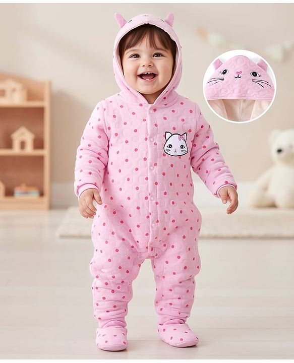 Babyhug Winter Polyfill Hooded Romper with Booties Kitten & Polka Dots Print - Pink
