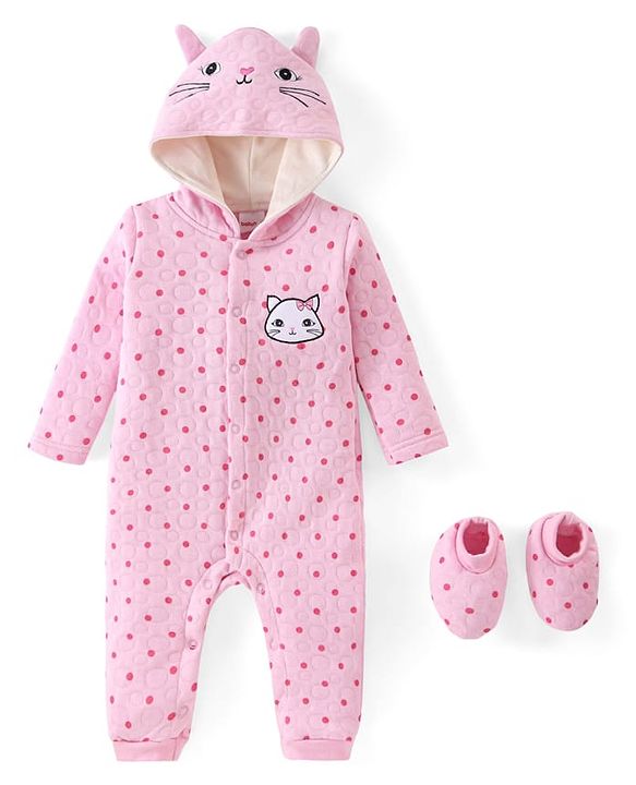 Babyhug Winter Polyfill Hooded Romper with Booties Kitten & Polka Dots Print - Pink