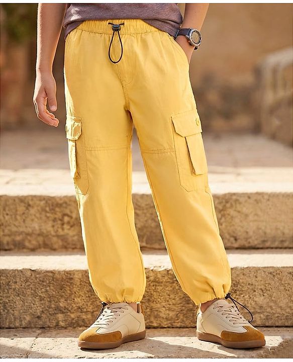 Pine Kids Cotton Woven Full Length Solid Color Track Pants with Cargo Pockets -  Mustard