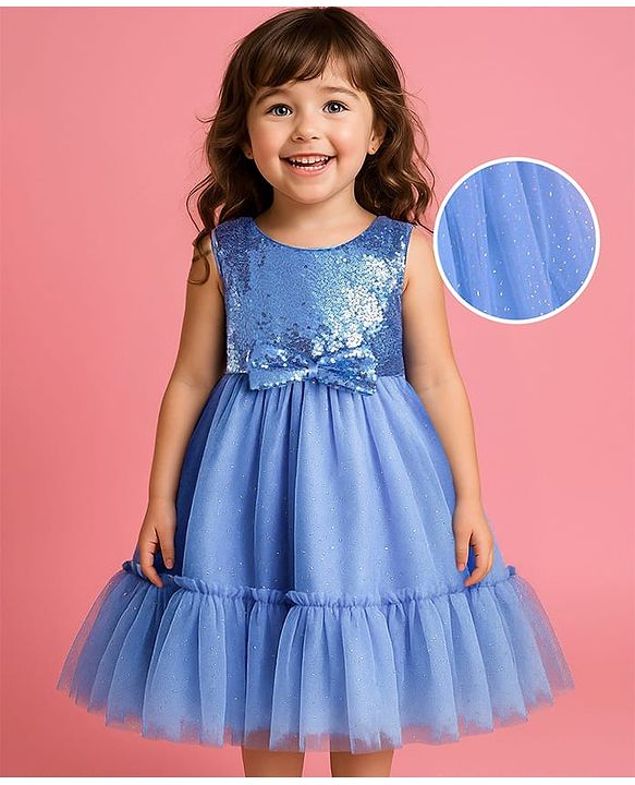 Babyhug Woven Sleeveless Sequined Yoke Mesh Tiered Party Frock with Bow Applique - Blue