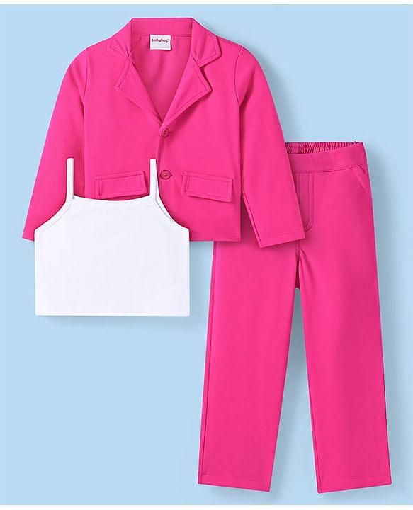 Babyhug Woven Full Sleeves Solid Colour Blazer with Top & Bottom Wear Set - Dark Pink