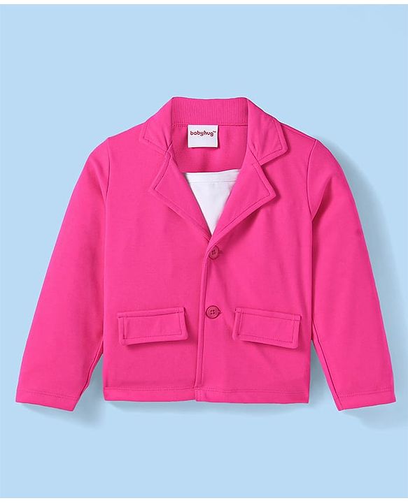 Babyhug Woven Full Sleeves Solid Colour Blazer with Top & Bottom Wear Set - Dark Pink