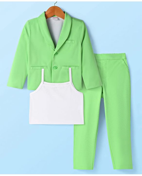 Babyhug Knit Full Sleeves Solid Colour Blazer with Top & Trouser Set - Light Green