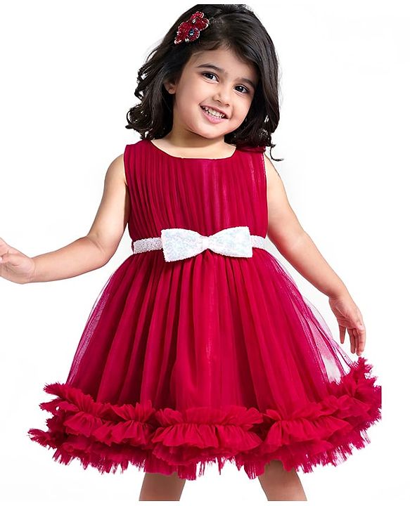 Babyhug Woven Sleeveless Mesh Party Frock with Sequined Bow Applique with Frill Detailing - Red
