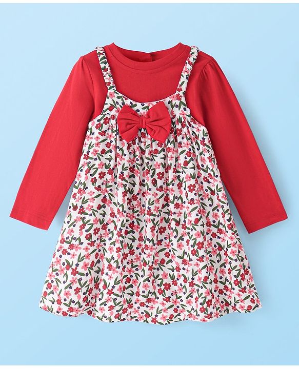 Babyhug Viscose Woven Floral Printed Frock With Full Sleeves Solid Inner Tee - Red & White