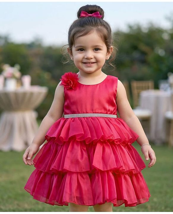 Babyhug Woven Sleeveless Layered Party Dress with Floral & Rhinestones Waist Belt Applique - Red