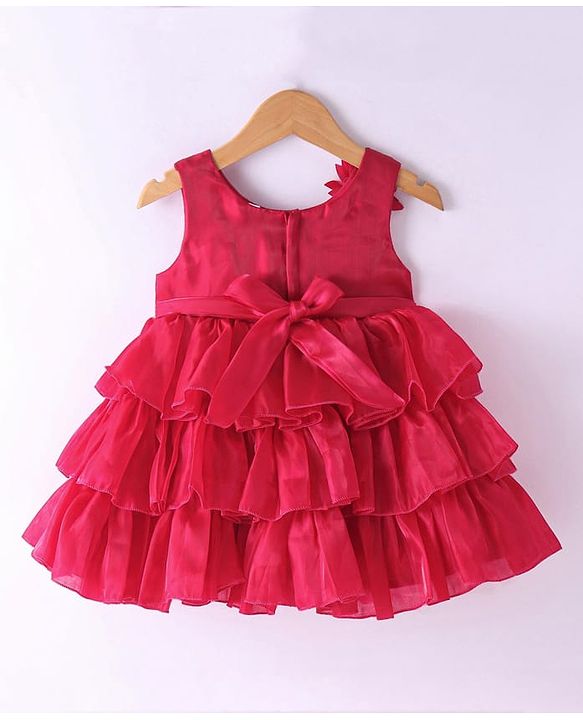 Babyhug Woven Sleeveless Layered Party Dress with Floral & Rhinestones Waist Belt Applique - Red