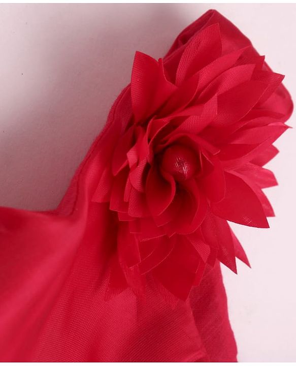 Babyhug Woven Sleeveless Layered Party Dress with Floral & Rhinestones Waist Belt Applique - Red