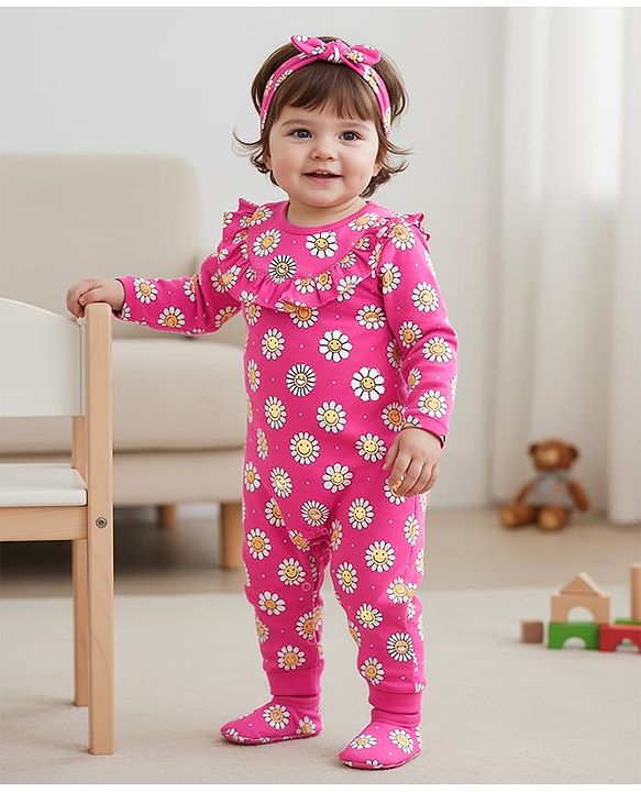 Babyhug 100% Cotton Knit Full Sleeves Frill Detailed Romper with Headband & Booties Floral Print- Dark Pink