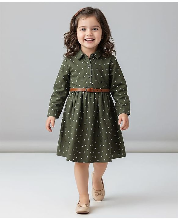 Babyhug Viscose Full Sleeves Frock with Polka Dot - Olive Green