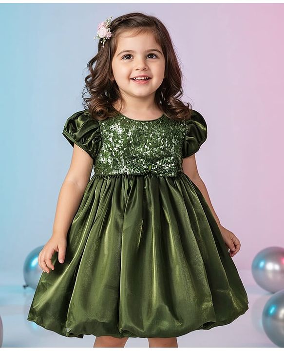 Babyhug Woven Half Sleeves Party Dress With Sequinned Yoke & Bow Applique - Dark Green