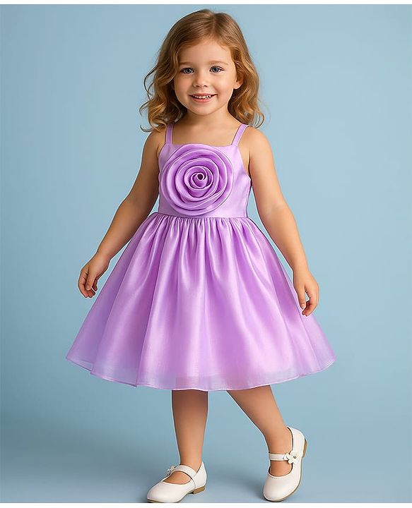 Babyhug Woven Singlet Sleeves Solid Party Frock with Floral Corsage at Yoke - Lilac