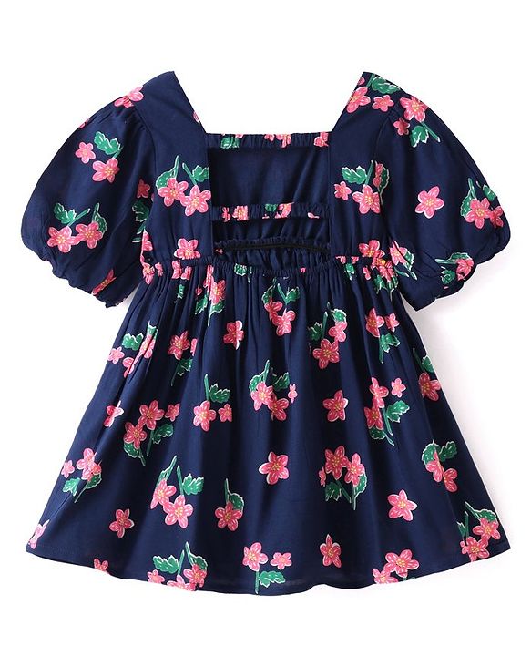 Babyhug Viscose Woven Half Sleeves Frock with Floral Print - Navy Blue