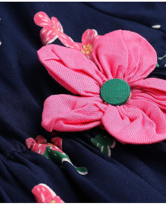 Babyhug Viscose Woven Half Sleeves Frock with Floral Print - Navy Blue